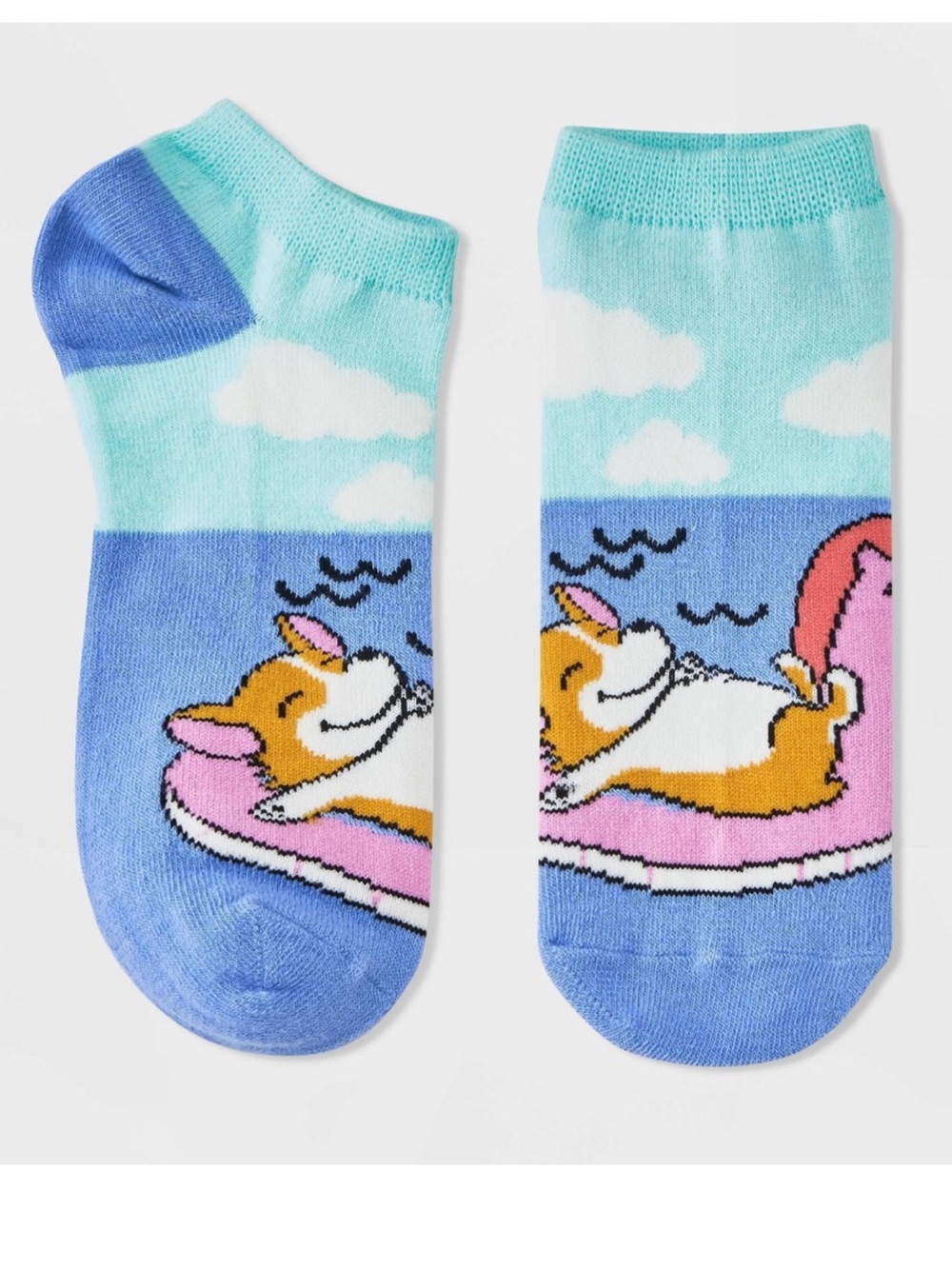 Women’s low cut Socks with Blue Corgi Float Design
